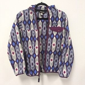 Patagonia Synchilla Gray/Purple Fleece Hooded Jacket sz XS Geometric Cozy